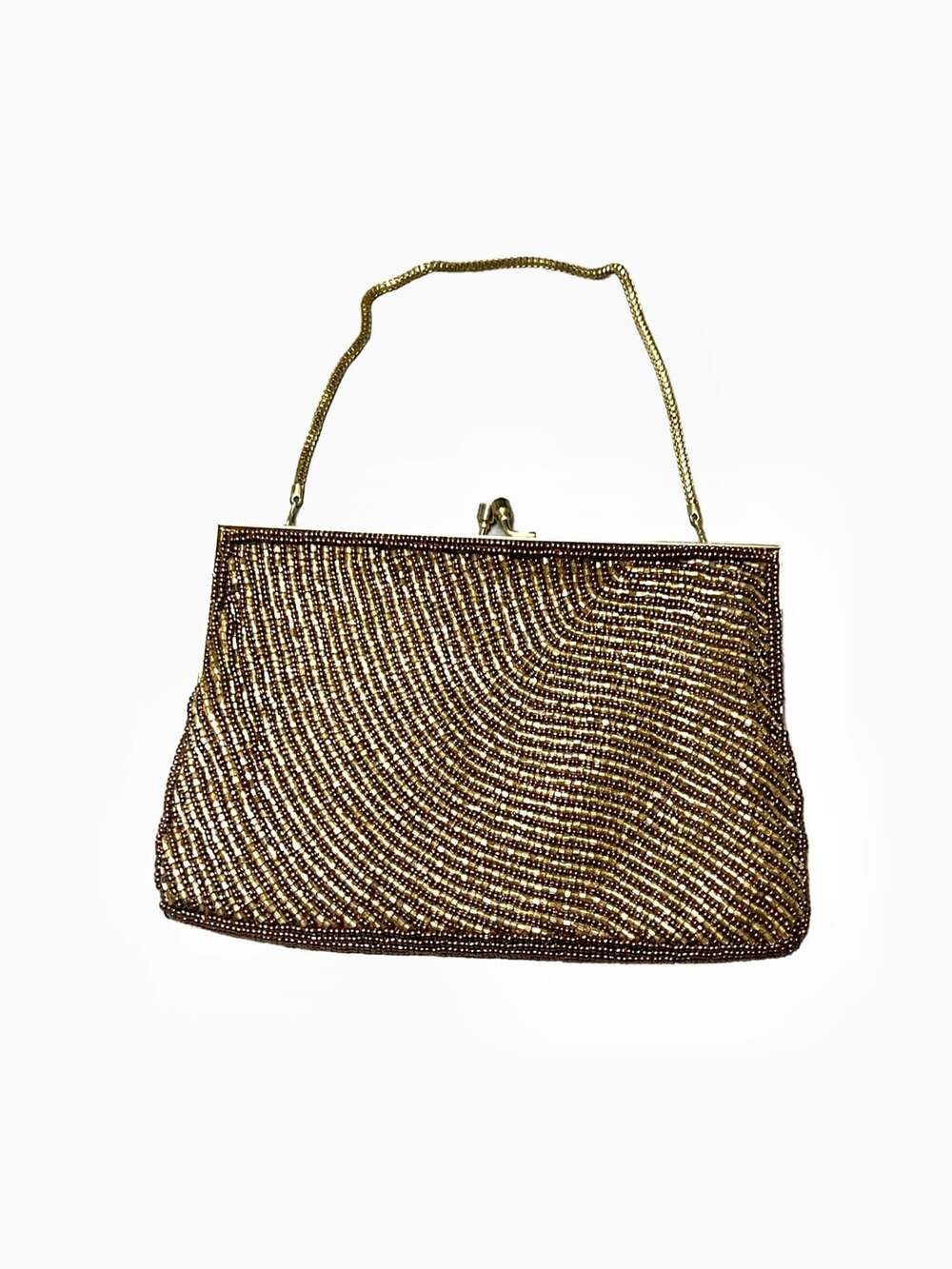 Vintage Bronze Copper Beaded Evening Bag Clutch with Chain Strap